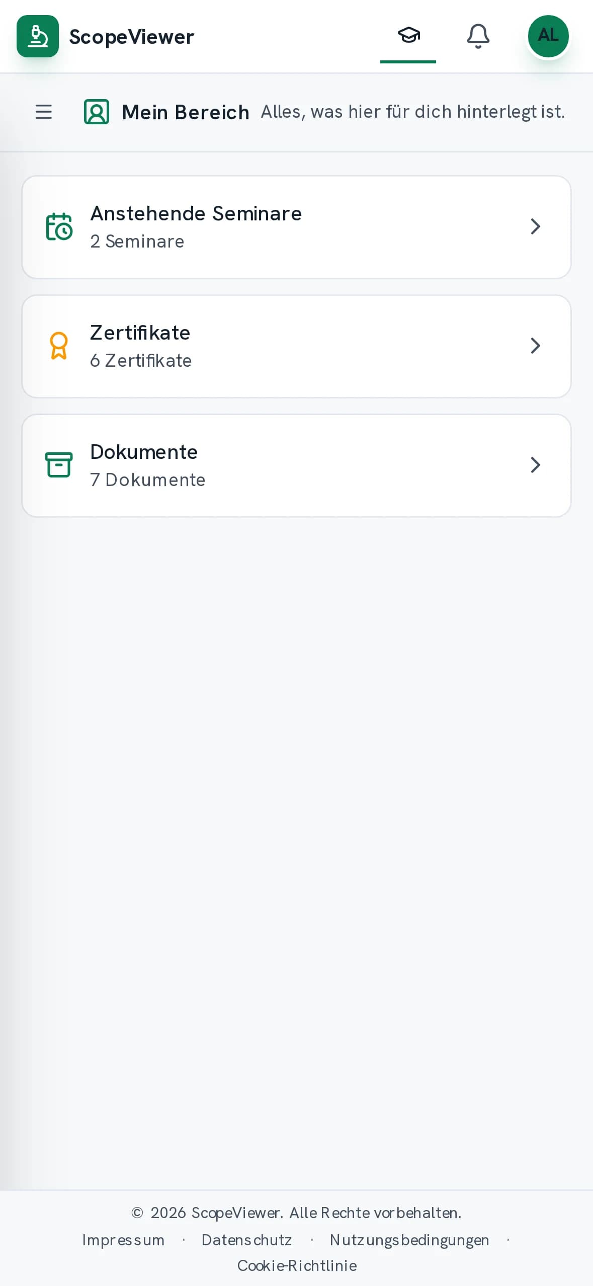 My area on a phone as participants see it, with upcoming seminars, certificates and documents